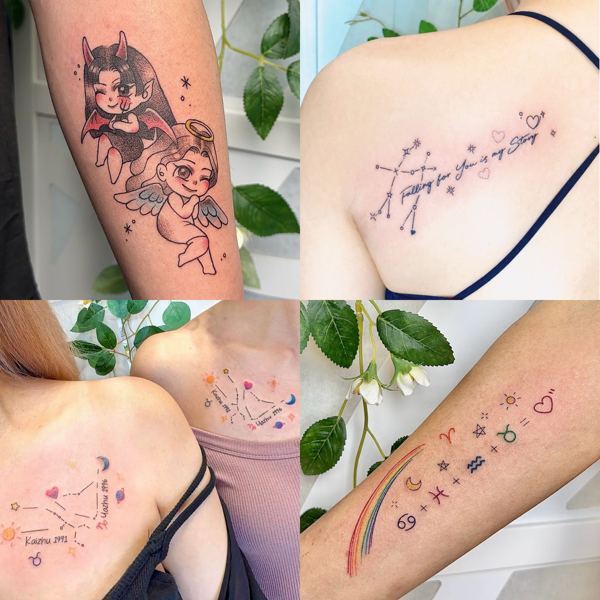 雙子座刺青圖案推薦－韓式細線星軌幾何符號彩色星座刺青