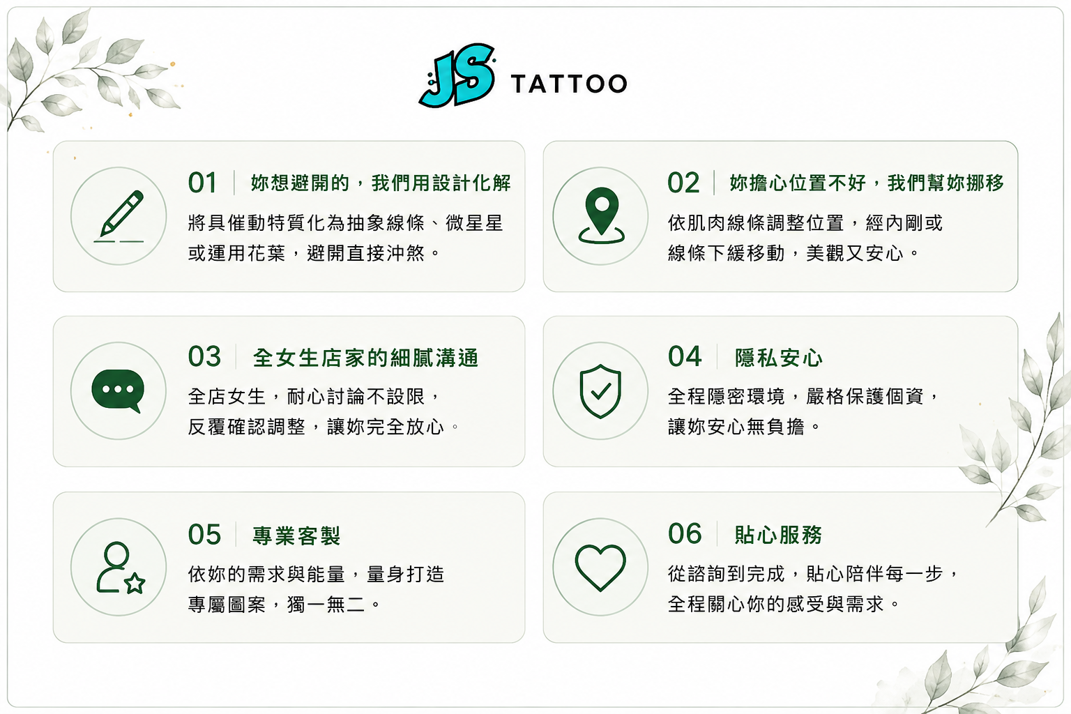 JS Tattoo六大服務特色-用設計化解禁忌、幫妳挪移位置、全女生店家細膩溝通