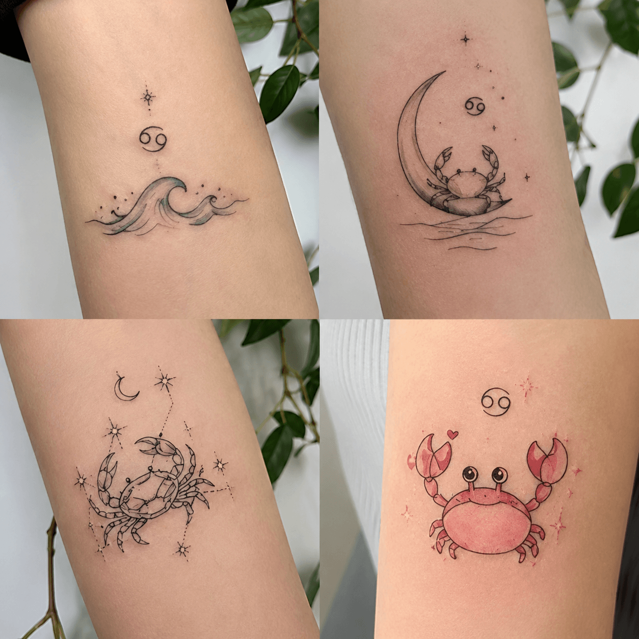 巨蟹座細線刺青圖案,月亮與星辰主題設計合輯