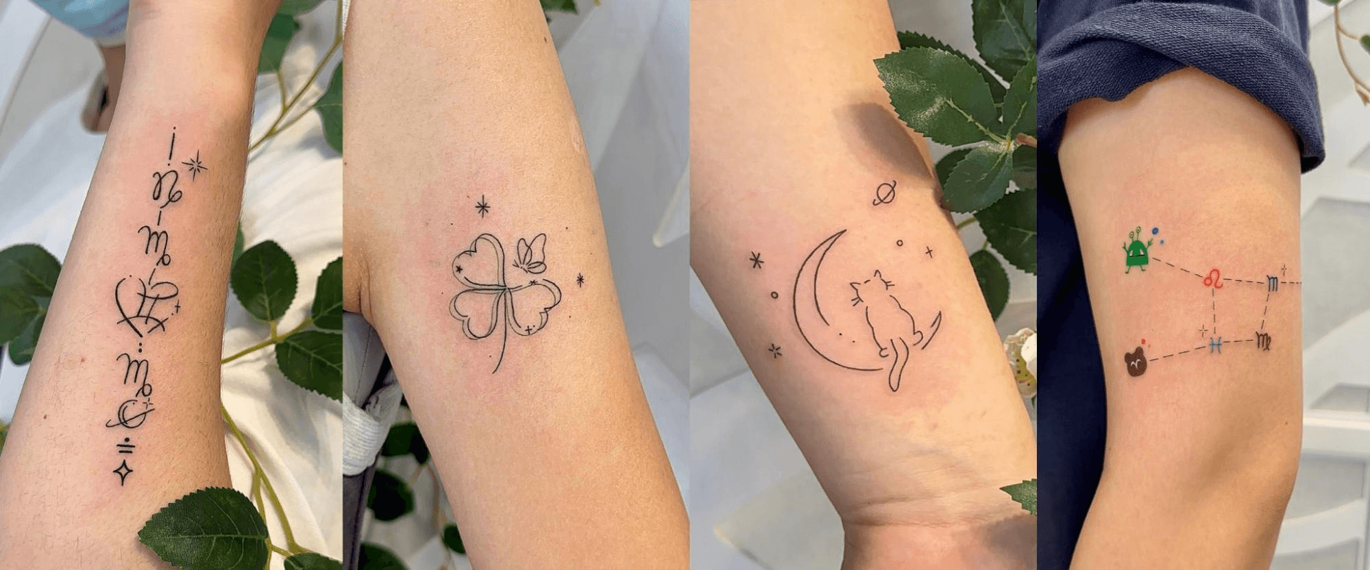 猴子生肖細線刺青，含文字與星座線條設計