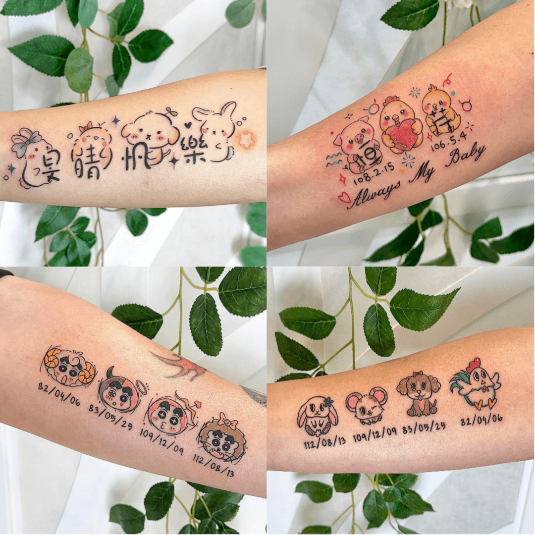 雞刺青風格作品，結合中文字樣與彩色生肖圖案