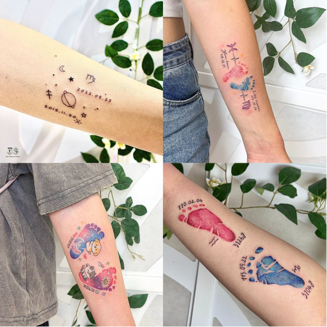 低飽和色系的處女座星座刺青與寶寶腳印紀念圖案