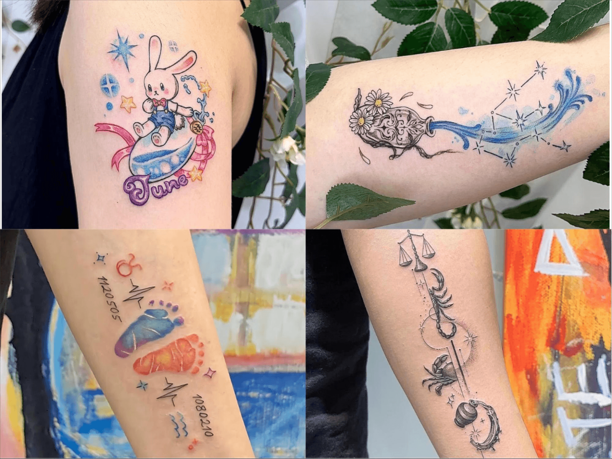 藍色水瓶座星座連線與水瓶傾倒彩色刺青作品