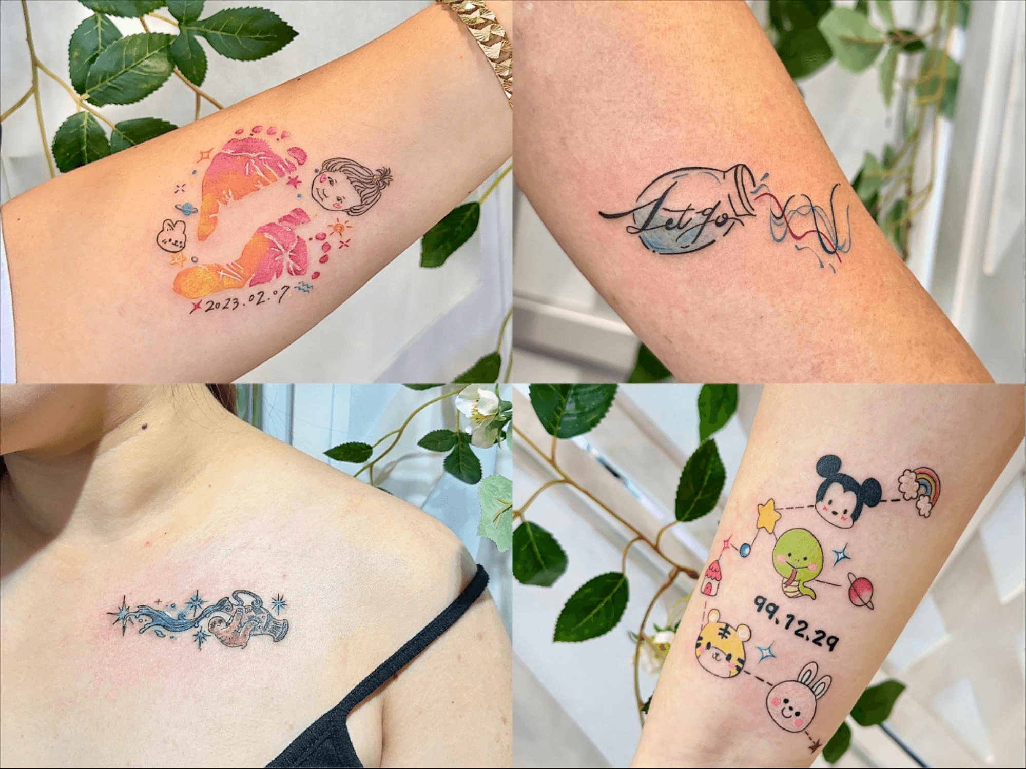 水瓶座刺青作品，肩膀水瓶傾倒細線刺青與紀念刺青