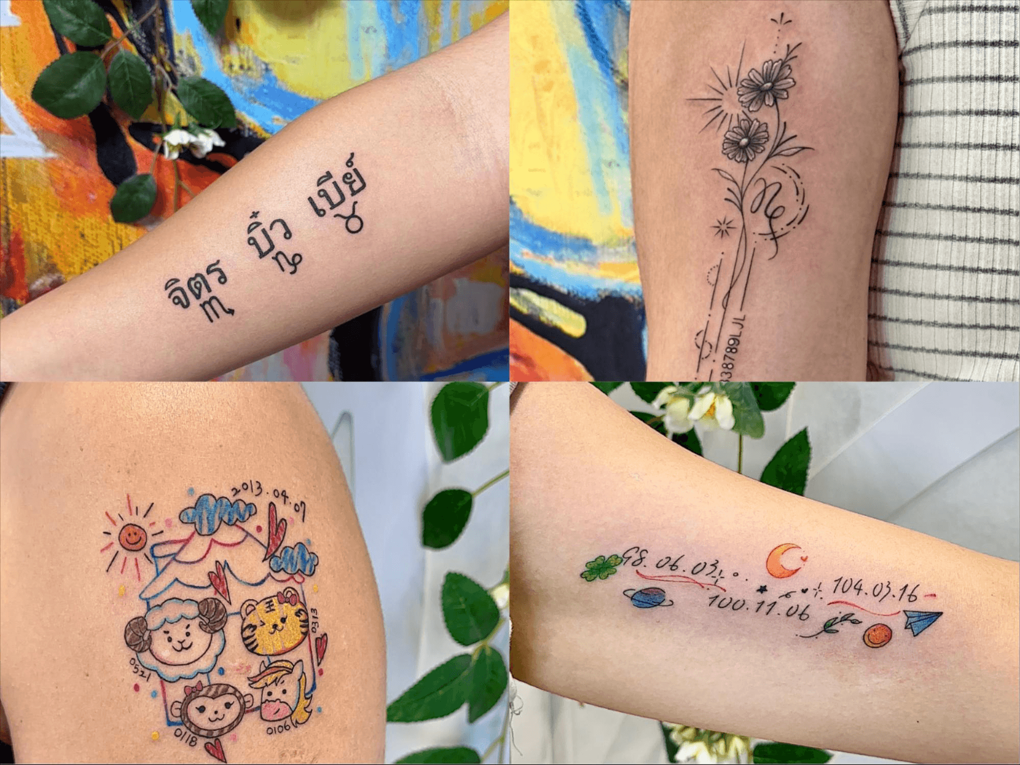 摩羯座刺青作品，摩羯符號花朵細線刺青與日期紀念刺青