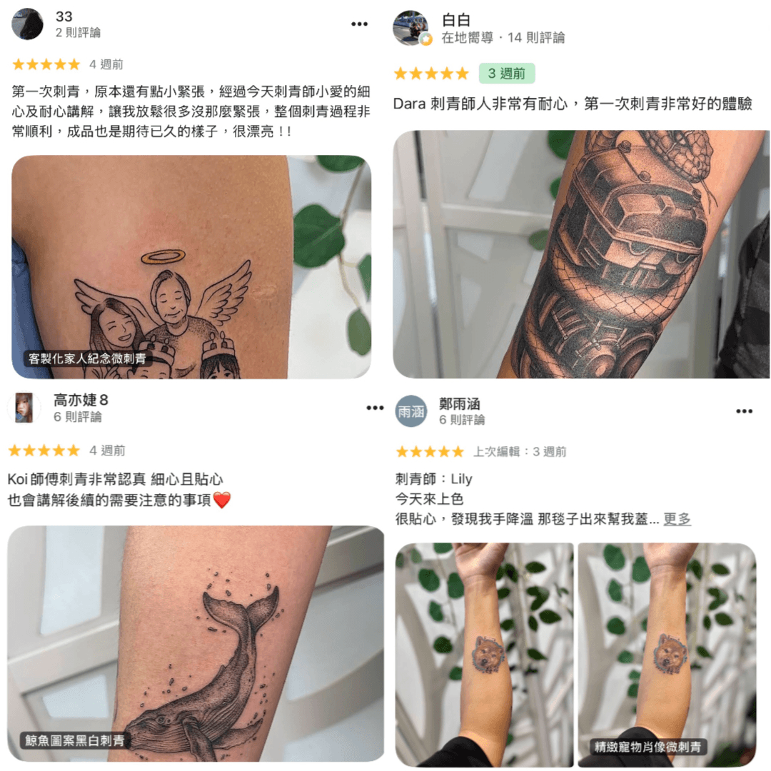 顧客五星好評，天使人像刺青與鯨魚寫實刺青