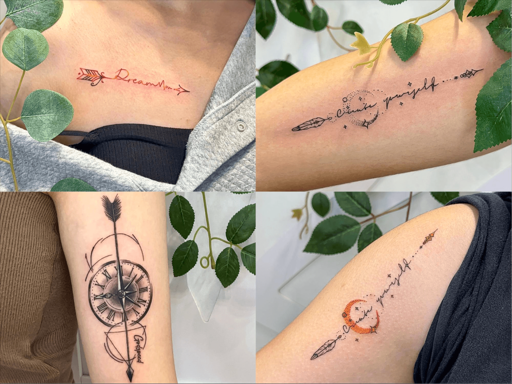 JS Tattoo射手座刺青作品，鎖骨箭矢字體與羅盤箭矢刺青